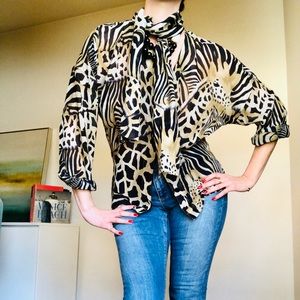Vintage Escada 100% silk animal print blouse w neck tie Sz 6 #0476